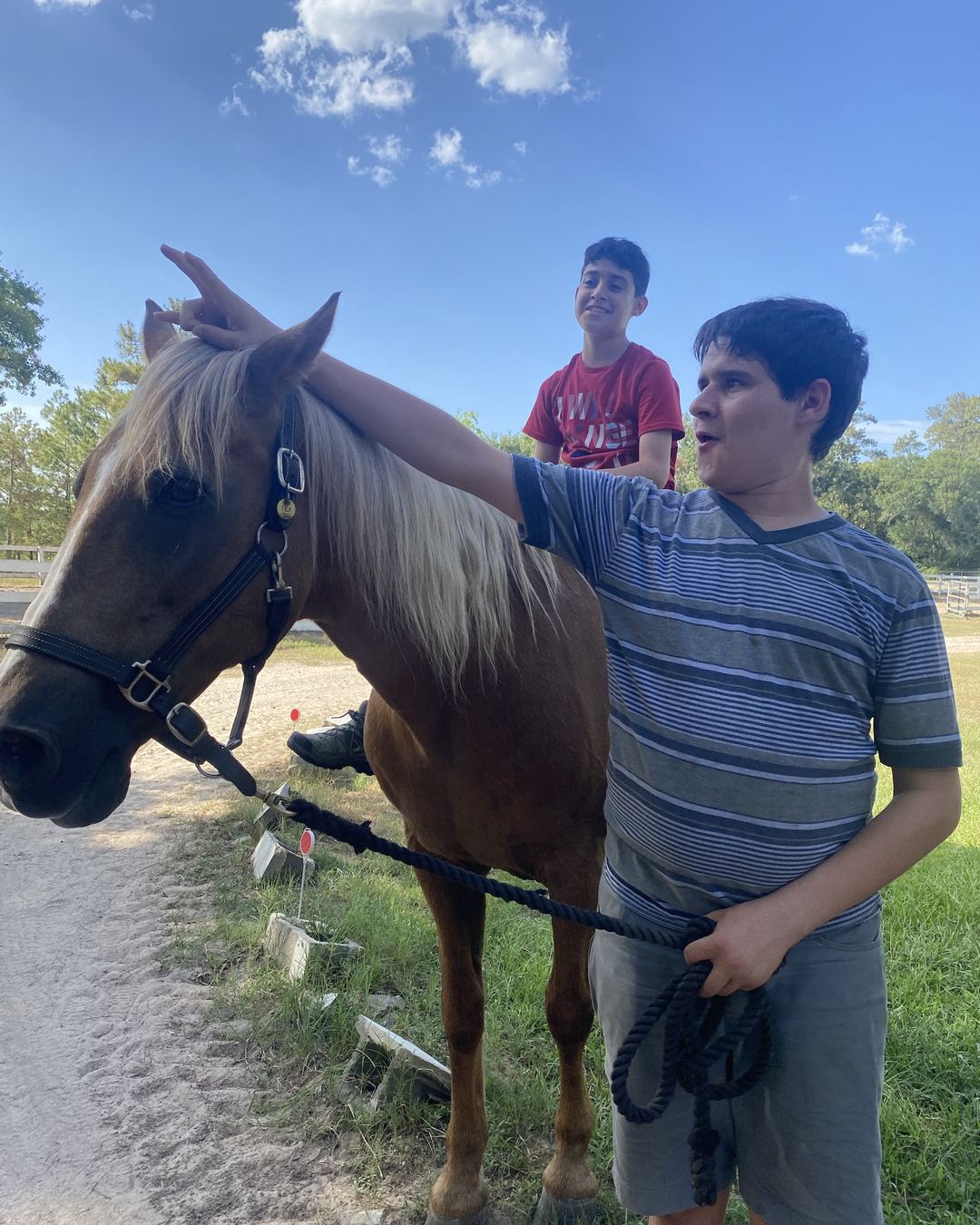 Al aire libre en un día soleado, un niño monta un caballo dorado de crin clara mientras otro sostiene la cuerda guía y habla, con una mano junto a las orejas del caballo.